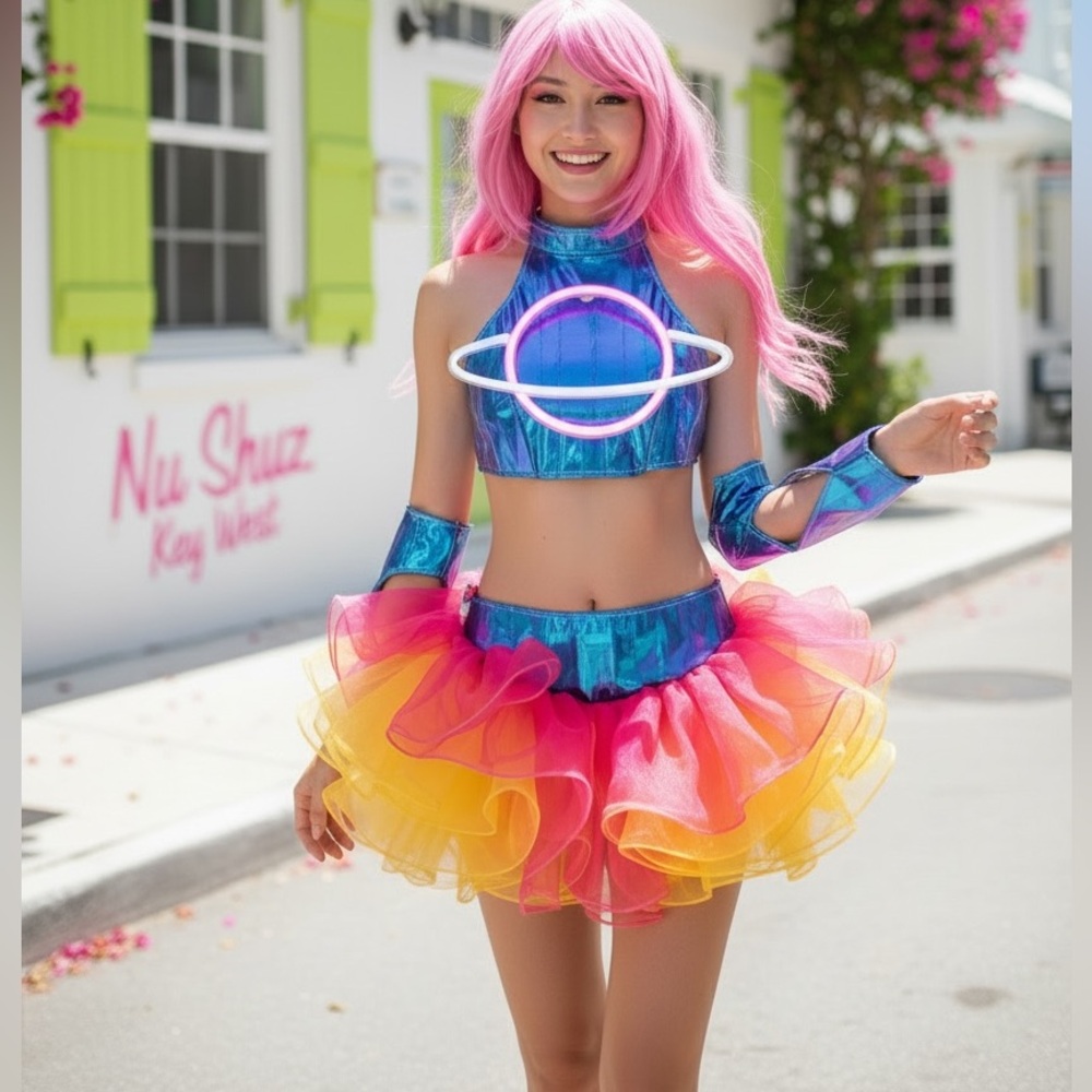 Holographic LED Light Up Planet Crop Pink, Blue Yellow Tulle Tutu Mini Dress Set